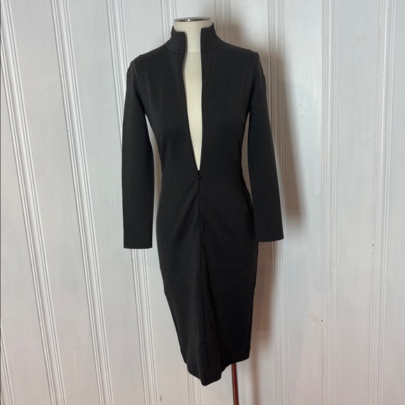 ÉDITIONS DE ROBES Charcoal Stretch Knit Dress | High Neck Zip Front | Size 2 - Picture 4 of 12